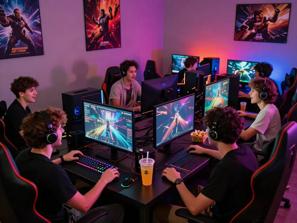 Akunjp gaming lounge with friends enjoying multiplayer sessions.