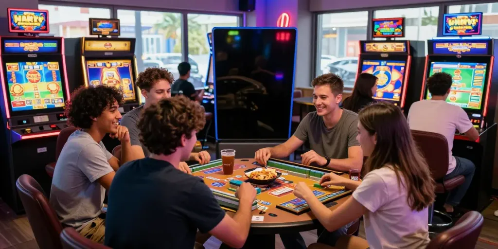 Pengguna menikmati permainan Mahjong Ways di lounge dengan suasana ceria dan dekorasi warna-warni.