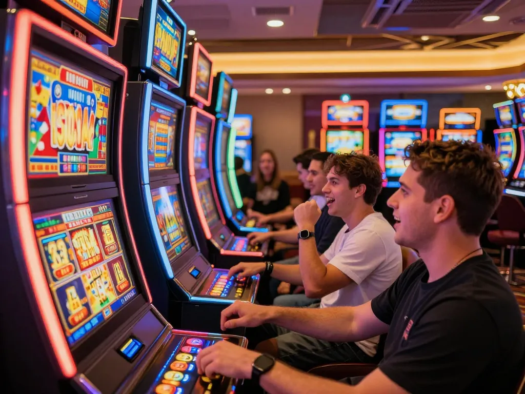 Pemain berinteraksi dengan mesin slot di suasana kasino yang ramai penuh dengan kegembiraan neon