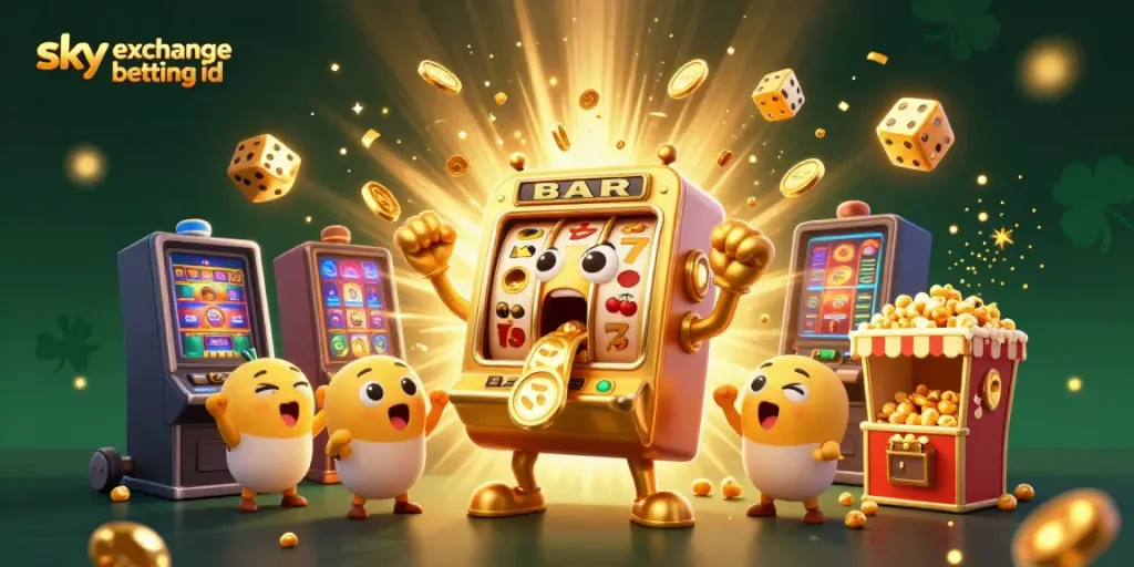 Experience the thrill of winning with your sky exchange betting id as cartoon slot machines celebrate a jackpot.