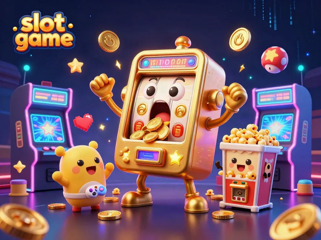 Mesin slot game emas kaget saat jackpot, diramaikan mesin slot bayi, sisi popcorn yang melempar biji emas.