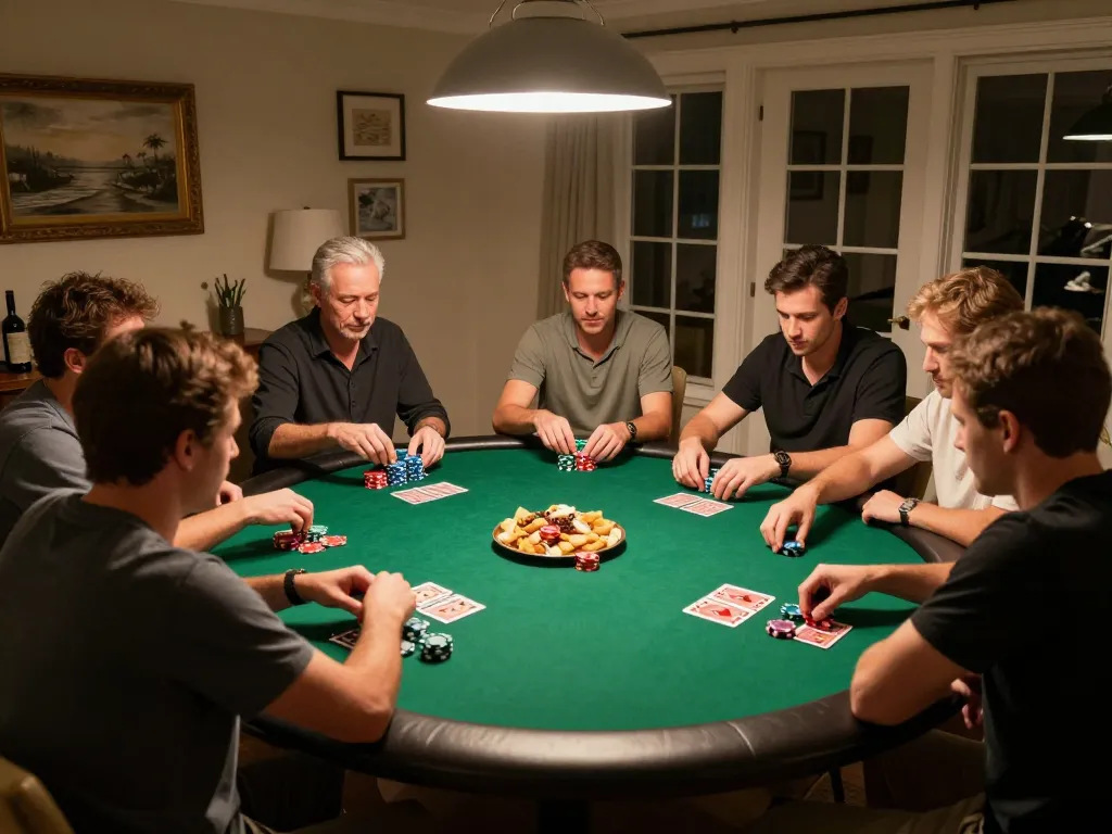 Players enjoying an exciting poker game at home, showcasing strategy for sun win.