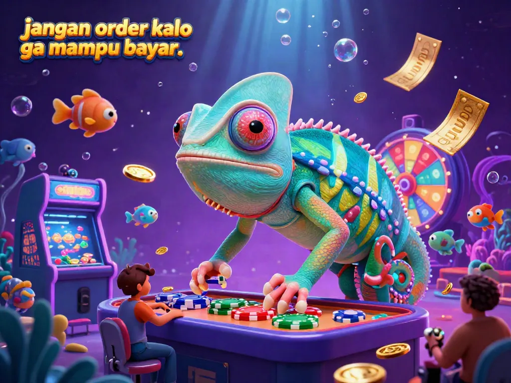 Engaging fish shooting arcade scene with chameleon casino owner celebrating wins, showcasing the theme "jangan order kalo ga mampu bayar.."