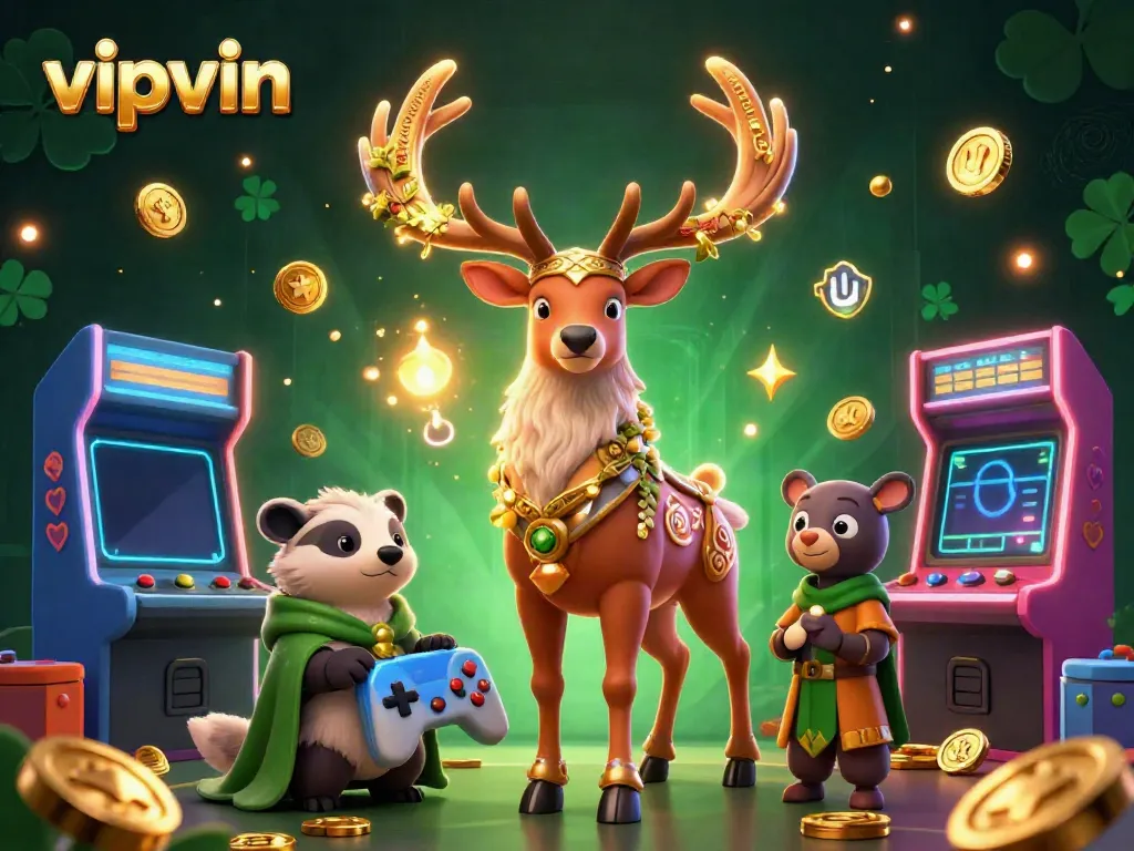 Engage with vipvin games in a vibrant 3D illustration of a mystical casino world featuring colorful characters and dynamic elements.