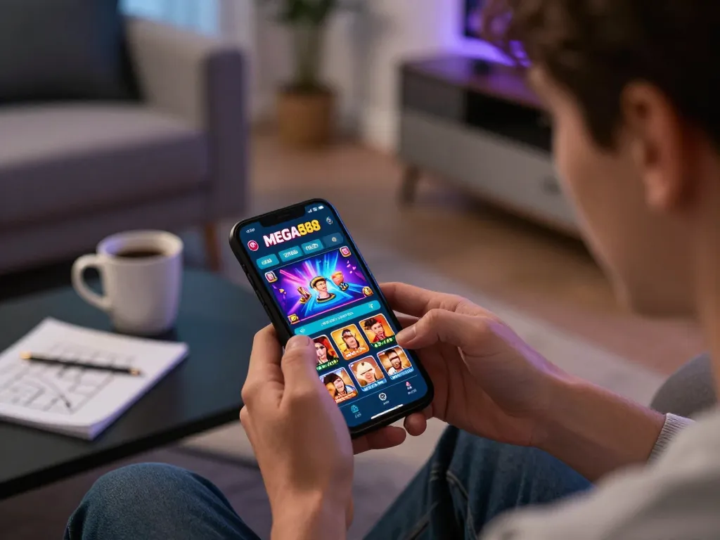 Engaged player exploring MEGA888 app for enhanced gaming experience in cozy home setting.