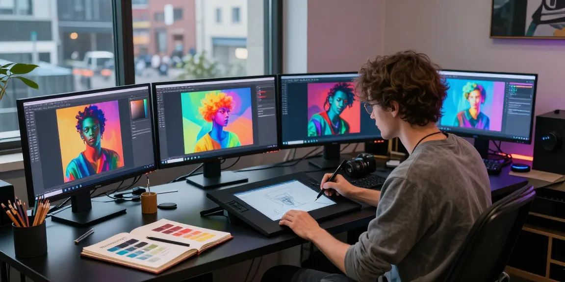 Artist creating NSFW AI art in a digital studio, showcasing vibrant images and creative tools.