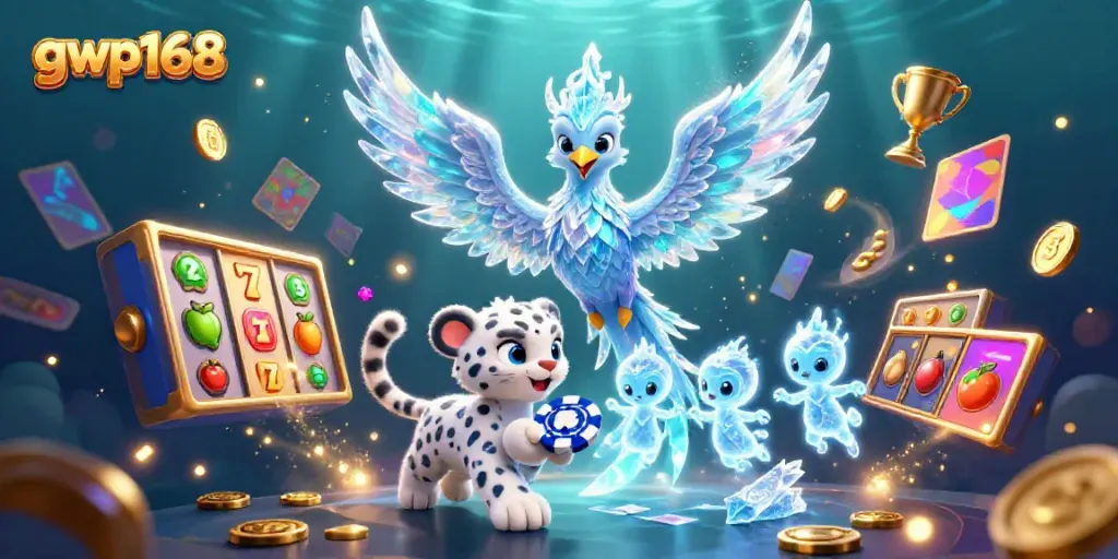 Permainan slot online dengan karakter gwp168, phoenix es, dan sprite berkilau di latar belakang