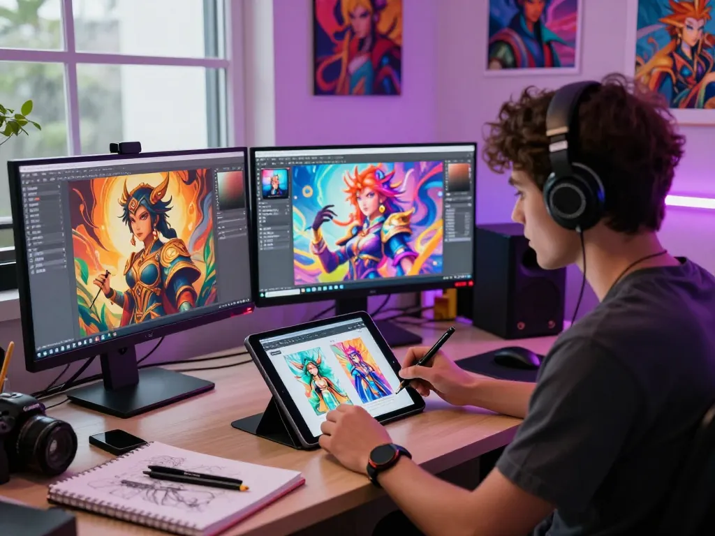 Dynamic scene of NSFW AI character designs created by digital artist in vibrant studio.