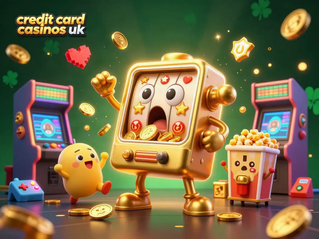 Engaging scene showcasing vibrant credit card casinos uk with golden slot machines celebrating winning moments.