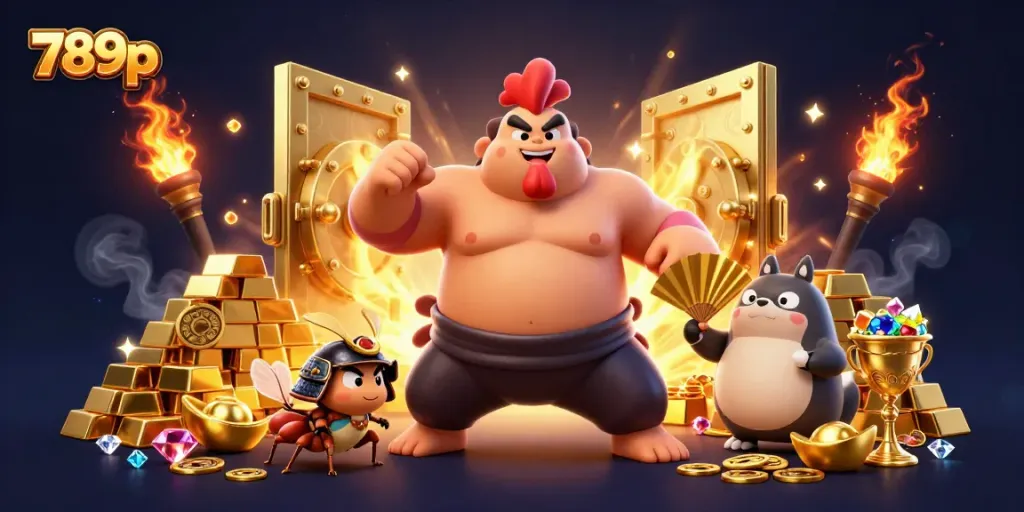 Engage with thrilling action at 789p as a sumo wrestler rooster and samurai cricket celebrate amidst golden treasures.