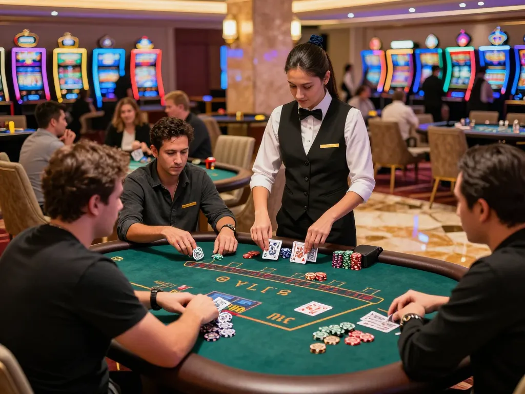 Players engaging in blackjack strategy at Fun88 com, showcasing lively casino atmosphere with professional dealers.