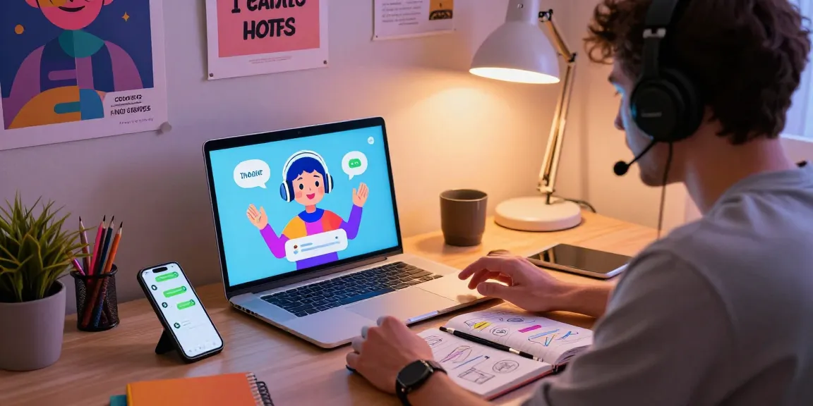 Engaging in ai spicy chat with vibrant AI chatbot on a laptop in a stylish home office.