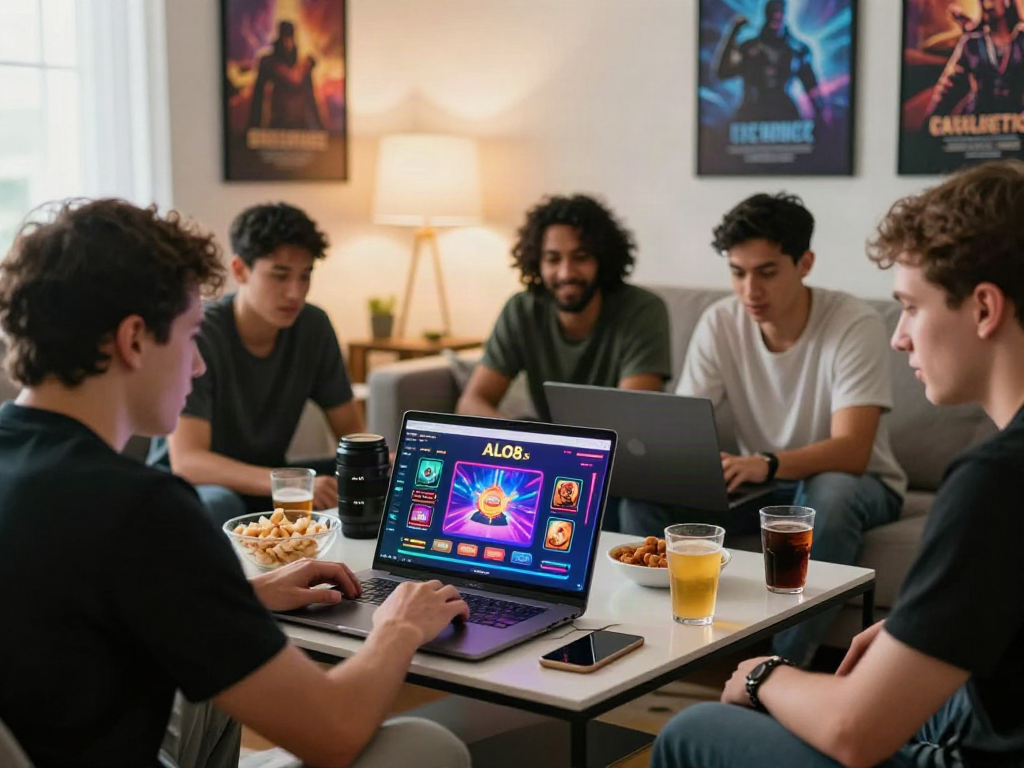Friends enjoying a fun gaming session on ALO8's online platform in a cozy living room.