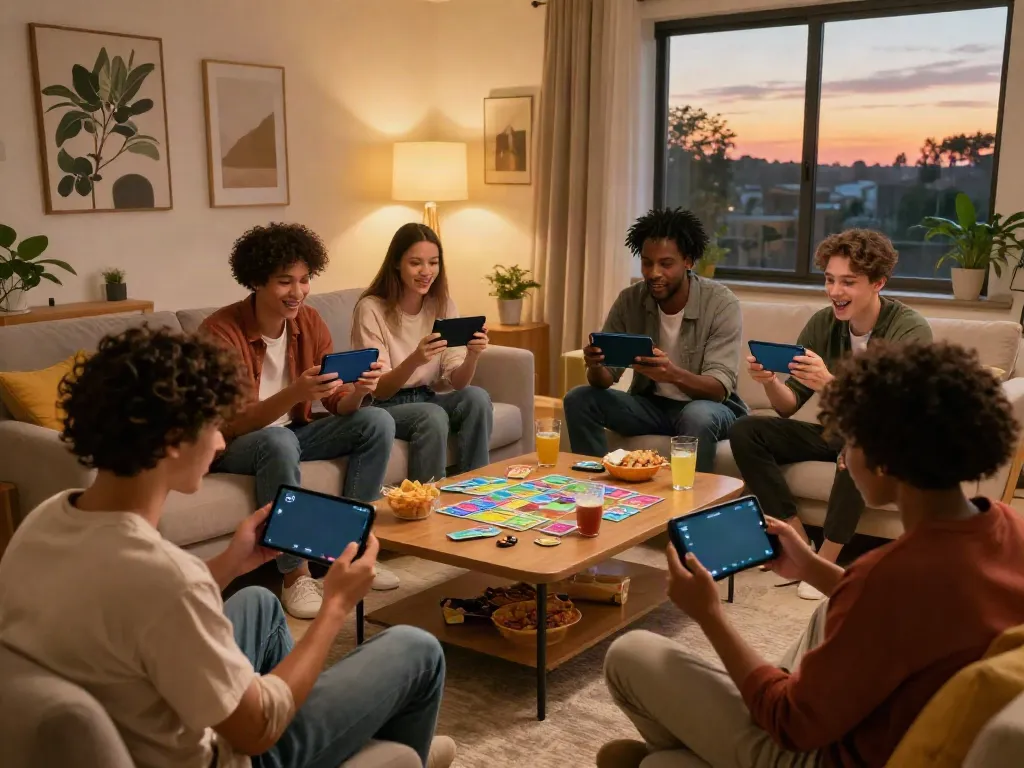 Enthusiastic players enjoying Rumble Rummy on smartphones in a cozy living room.