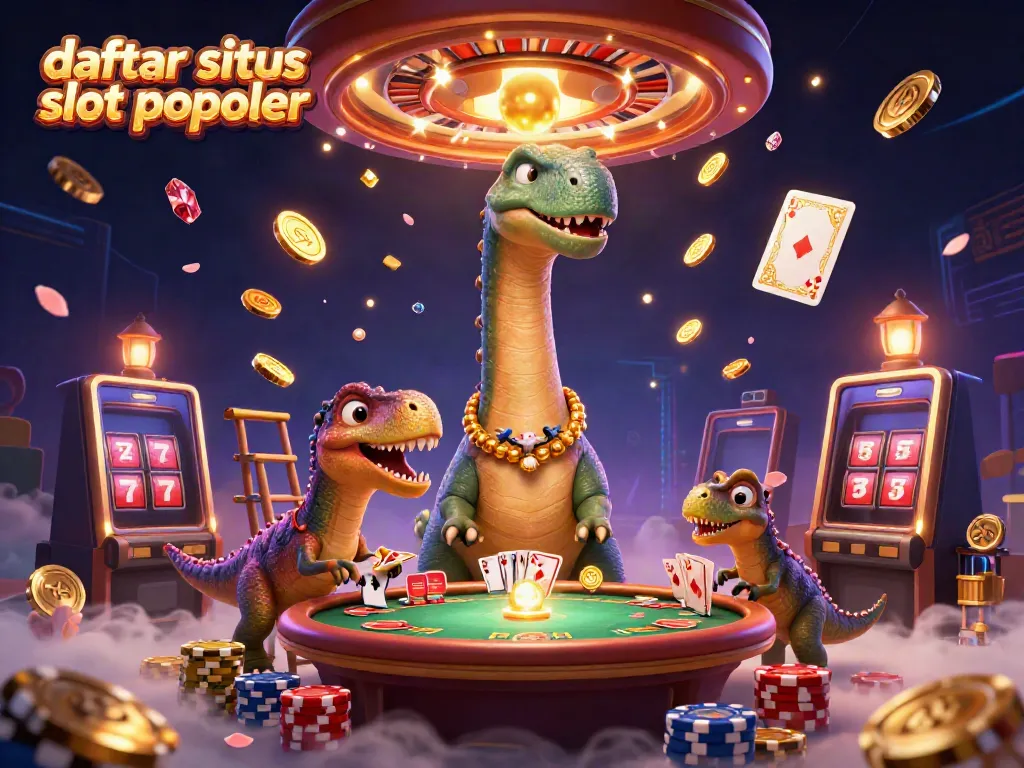 Ilustrasi 3D menampilkan daftar situs slot populer dengan karakter kartun dino raksasa dan poker