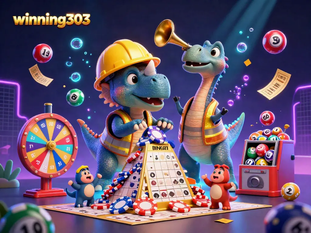 Winning303 features a vibrant casino scene with a triceratops, celebrating in a lively atmosphere.