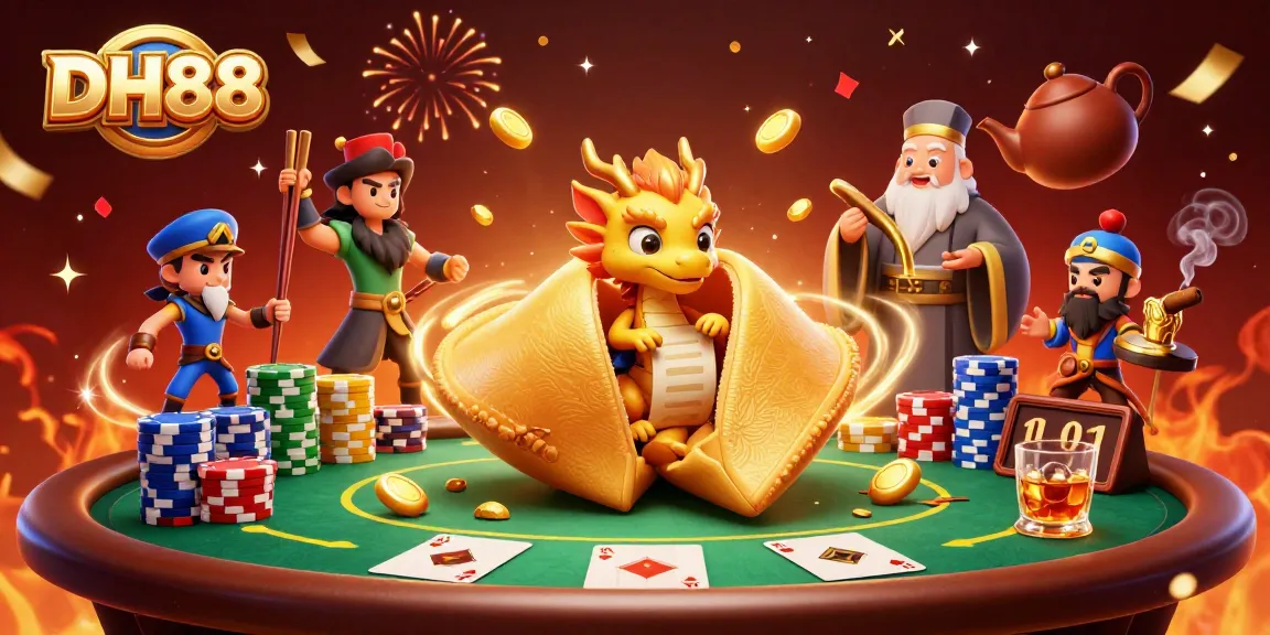 Experience thrilling moments at DH88 with golden fortune cookies, poker chips, and vibrant casino energy.
