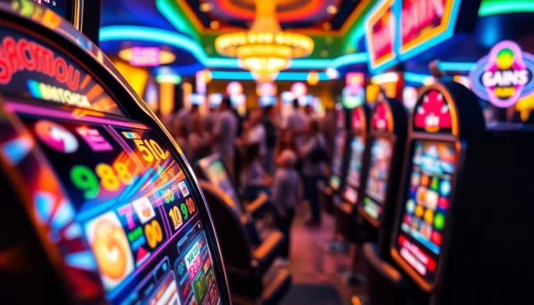 Menangkan Slot Game dengan mesin slot warna-warni di suasana kasino yang meriah.