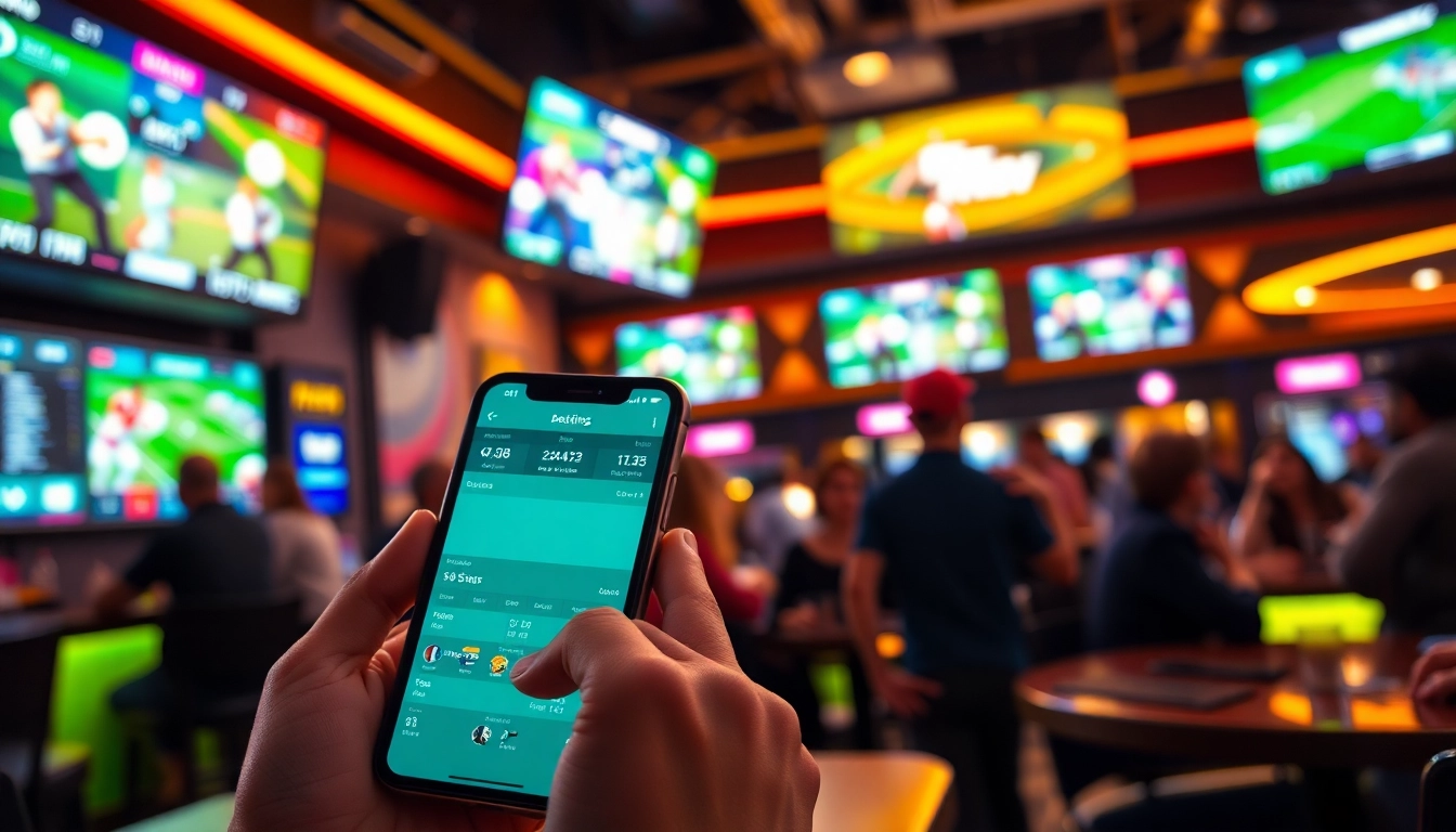 Engage in online Betting with a vibrant sports bar scene showcasing digital betting experiences.