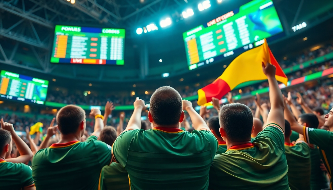 Engaged fans in a stadium atmosphere celebrating Sports Betting excitement.