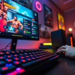 Bermain dengan PAKDE4D game, pengaturan gaming modern dan pencahayaan yang menawan.