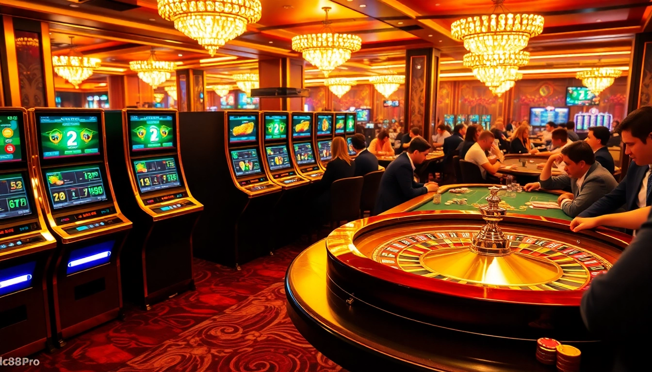 Experience thrilling action at lc88pro.com with players enjoying poker games and slot machines in a vibrant casino setting.