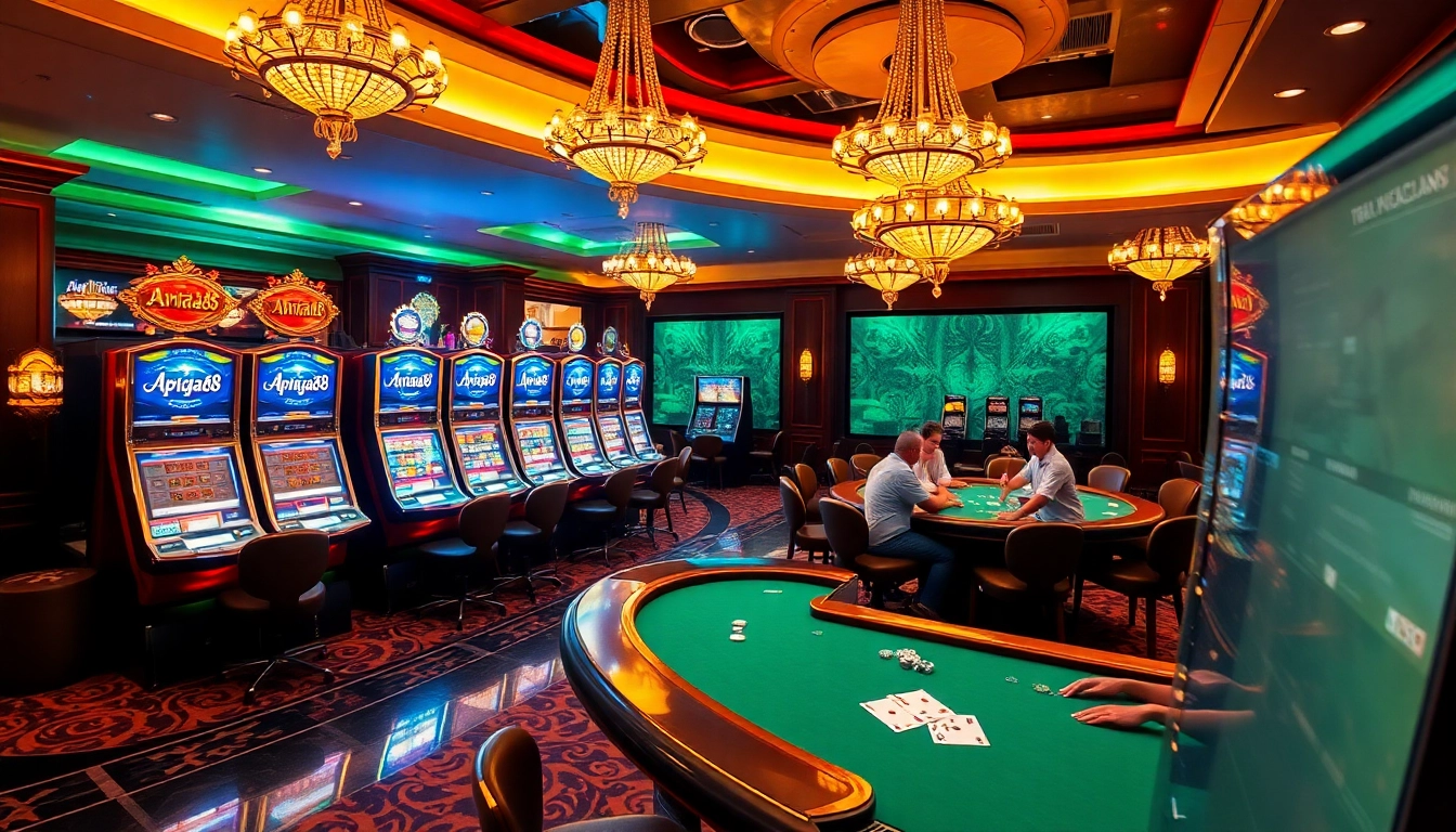 Playing the slot online apiraja88 in a luxurious casino with vibrant machines and engaged players.