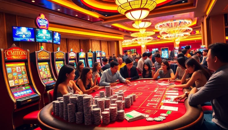 Engaging image of bro138 slot machines and poker tables creating a lively casino atmosphere.