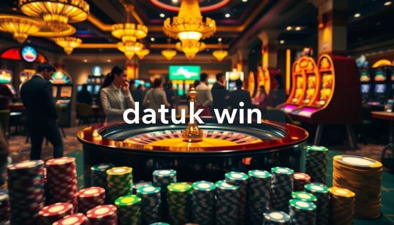 Para pemain merayakan kemenangan Datuk Win di kasino mewah dengan rolet dan mesin slot berwarna-warni.