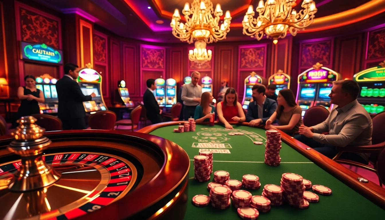 Excited players enjoy a poker game at a vibrant casino highlighting the mu88 link.