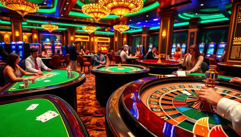 Experience the thrill of RR88 Auction with luxurious casino tables filled with poker chips and players.