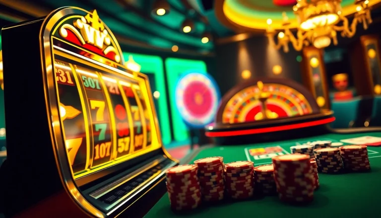Experience the excitement of viral4d with vibrant casino elements, including a slot machine and poker table.