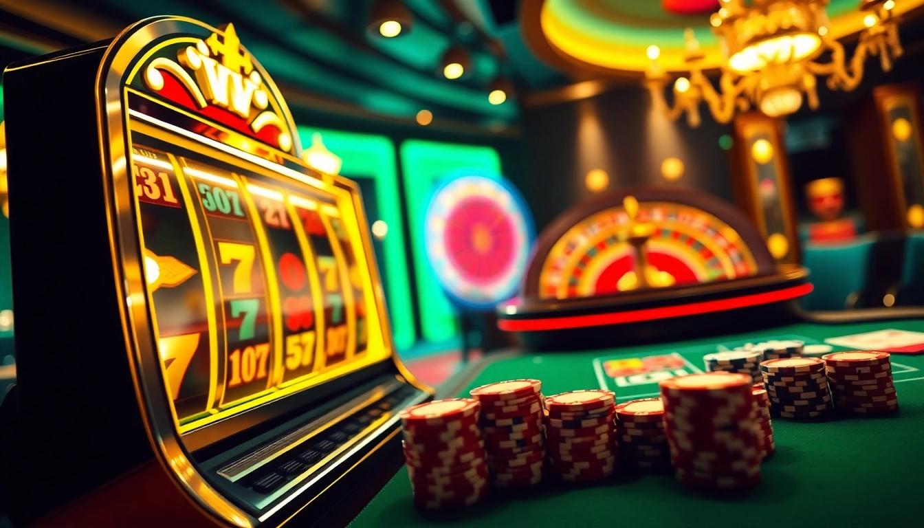 Experience the excitement of viral4d with vibrant casino elements, including a slot machine and poker table.