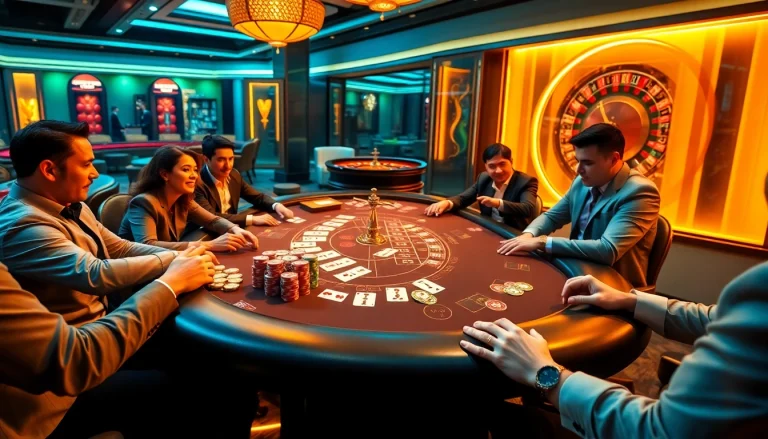 Experience the excitement of Trang chủ Luck8 with players at a vibrant poker table.