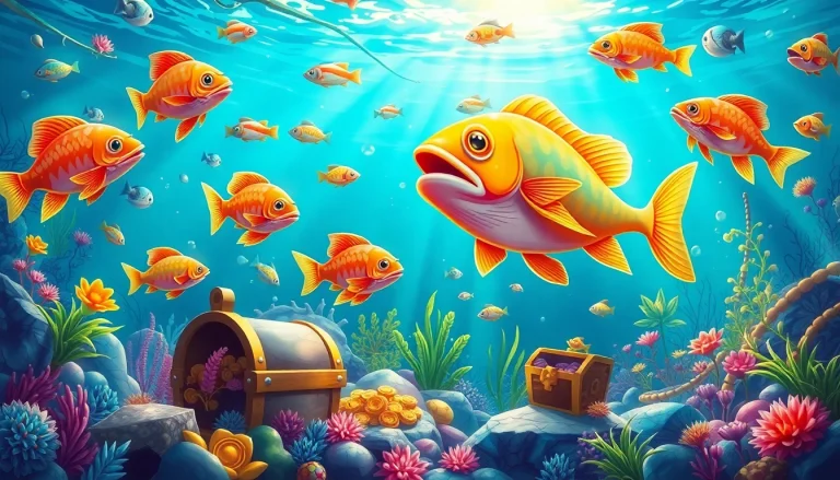 Bắn Cá Thần Tài showcases vibrant underwater adventures filled with colorful fish and treasures.