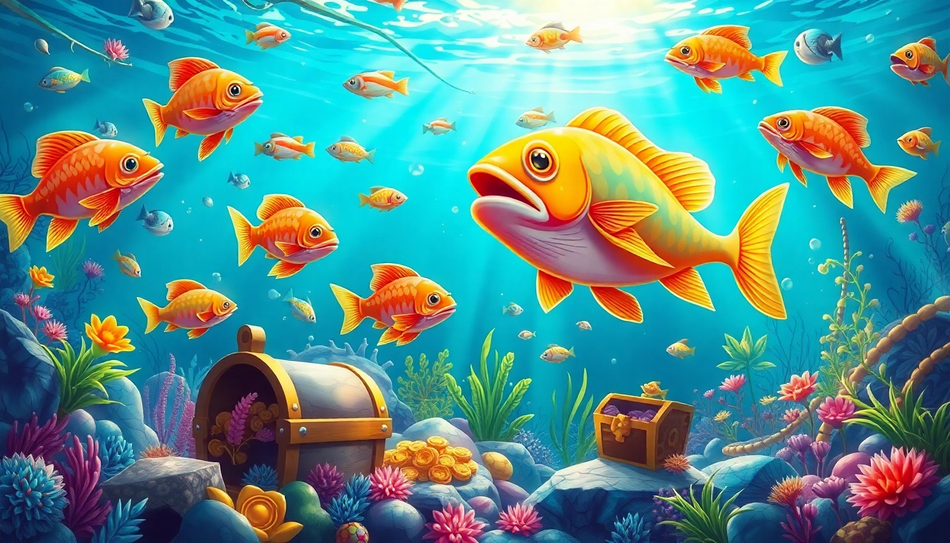 Bắn Cá Thần Tài showcases vibrant underwater adventures filled with colorful fish and treasures.