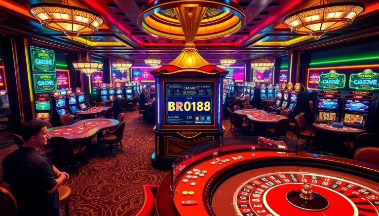 Engaging gambling scene showcasing players excitedly winning at Bro138 slot machines in a luxurious casino setting.