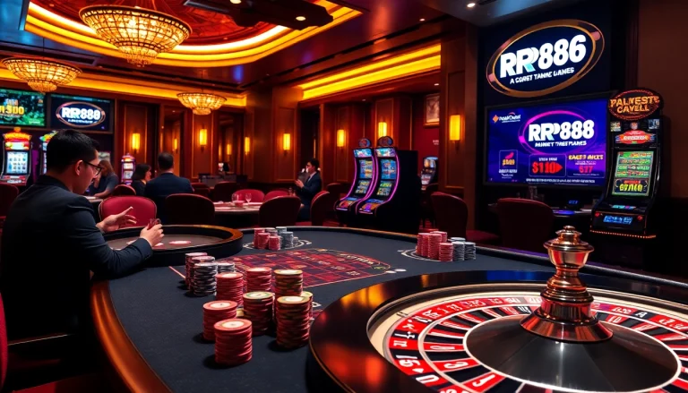 Engage with RR88 KJC in a vibrant casino scene featuring poker chips, slot machines, and roulette.