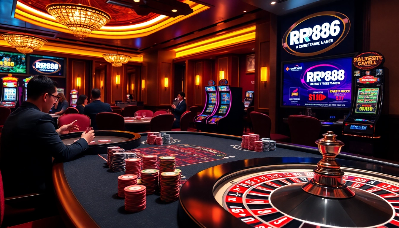 Engage with RR88 KJC in a vibrant casino scene featuring poker chips, slot machines, and roulette.