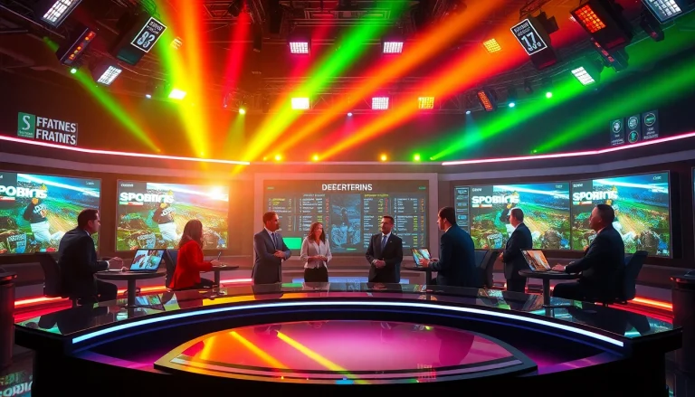 Sports Broadcasting studio delivering live updates with dynamic anchors and high-tech displays.