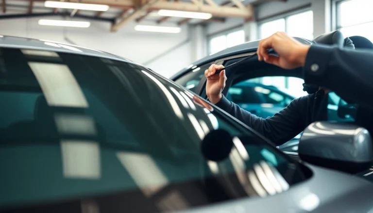 Apply auto window tint near me for sleek and professional results in a modern garage.