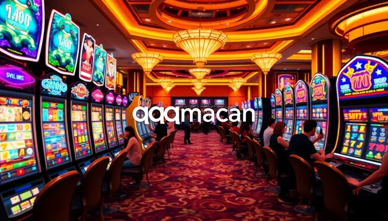 Experience professional gaming excitement at qqmacan, featuring vibrant slot machines and happy players.