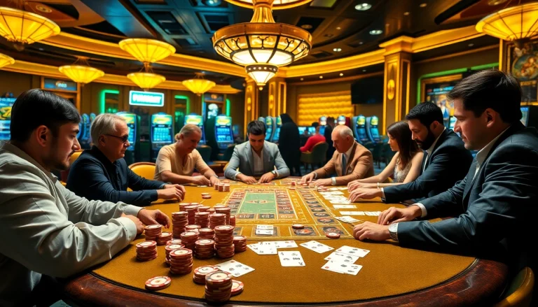 Experience the thrill of gojekpot at an exciting casino poker table bustling with action and players.