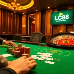LC88 online casino features an elegant table with vibrant poker chips and exciting gameplay.