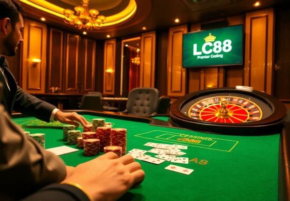 LC88 online casino features an elegant table with vibrant poker chips and exciting gameplay.