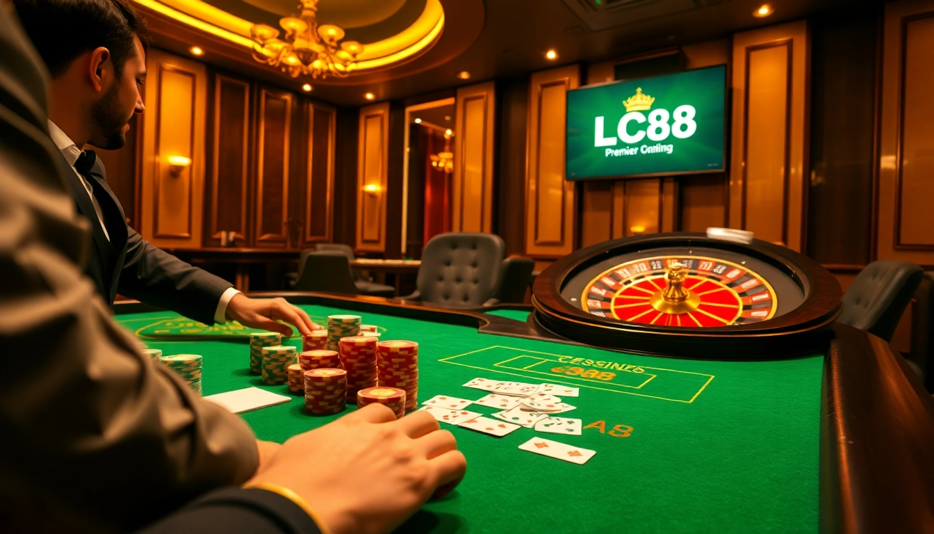 LC88 online casino features an elegant table with vibrant poker chips and exciting gameplay.