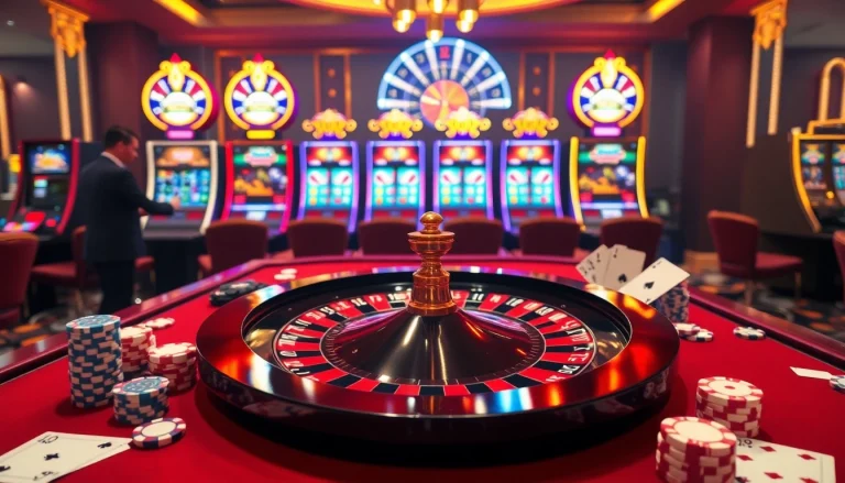 Experience excitement at 68VIP with an elegant roulette table and vibrant casino atmosphere
