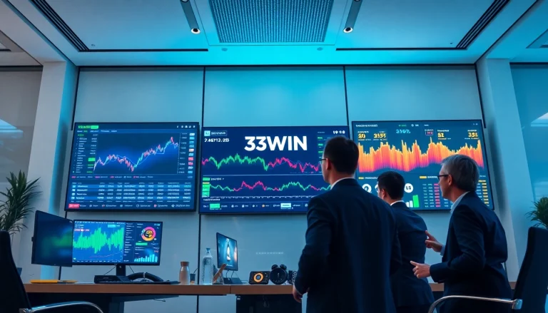 Visual representation of 33WIN platform in a modern office with vibrant financial charts.