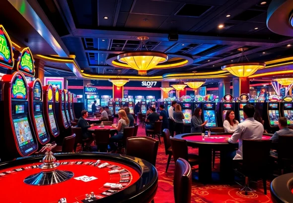 Slot777 gaming area with vibrant machines and engaging players in a luxurious casino setting.