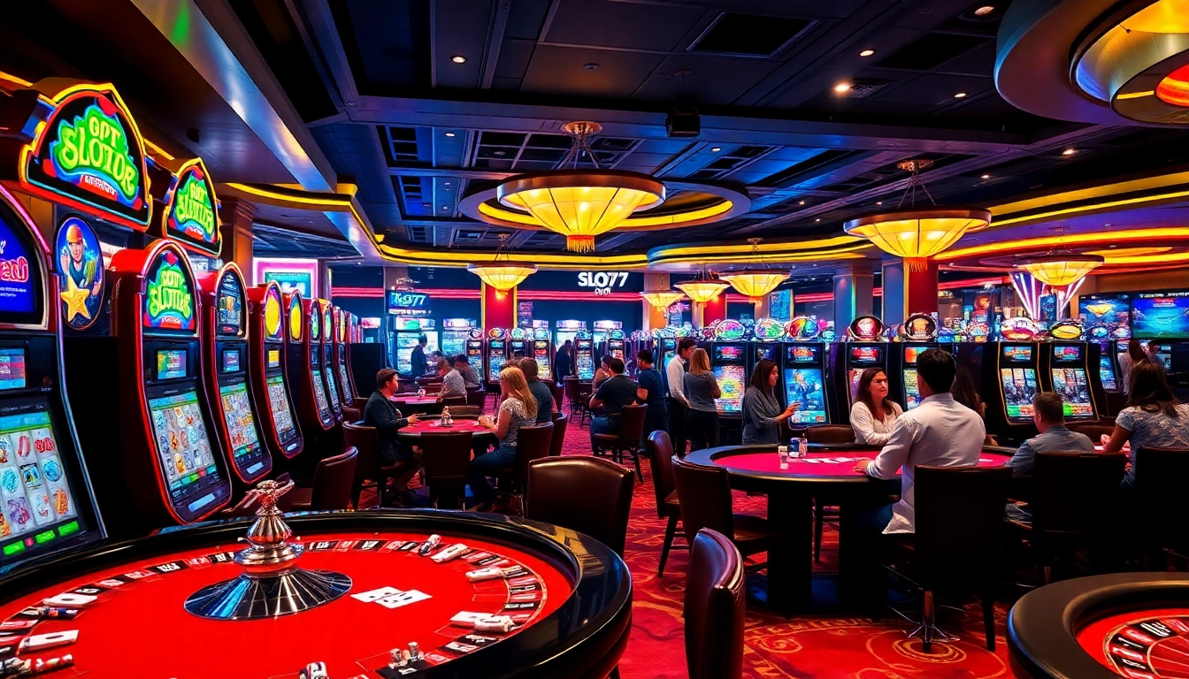 Slot777 gaming area with vibrant machines and engaging players in a luxurious casino setting.